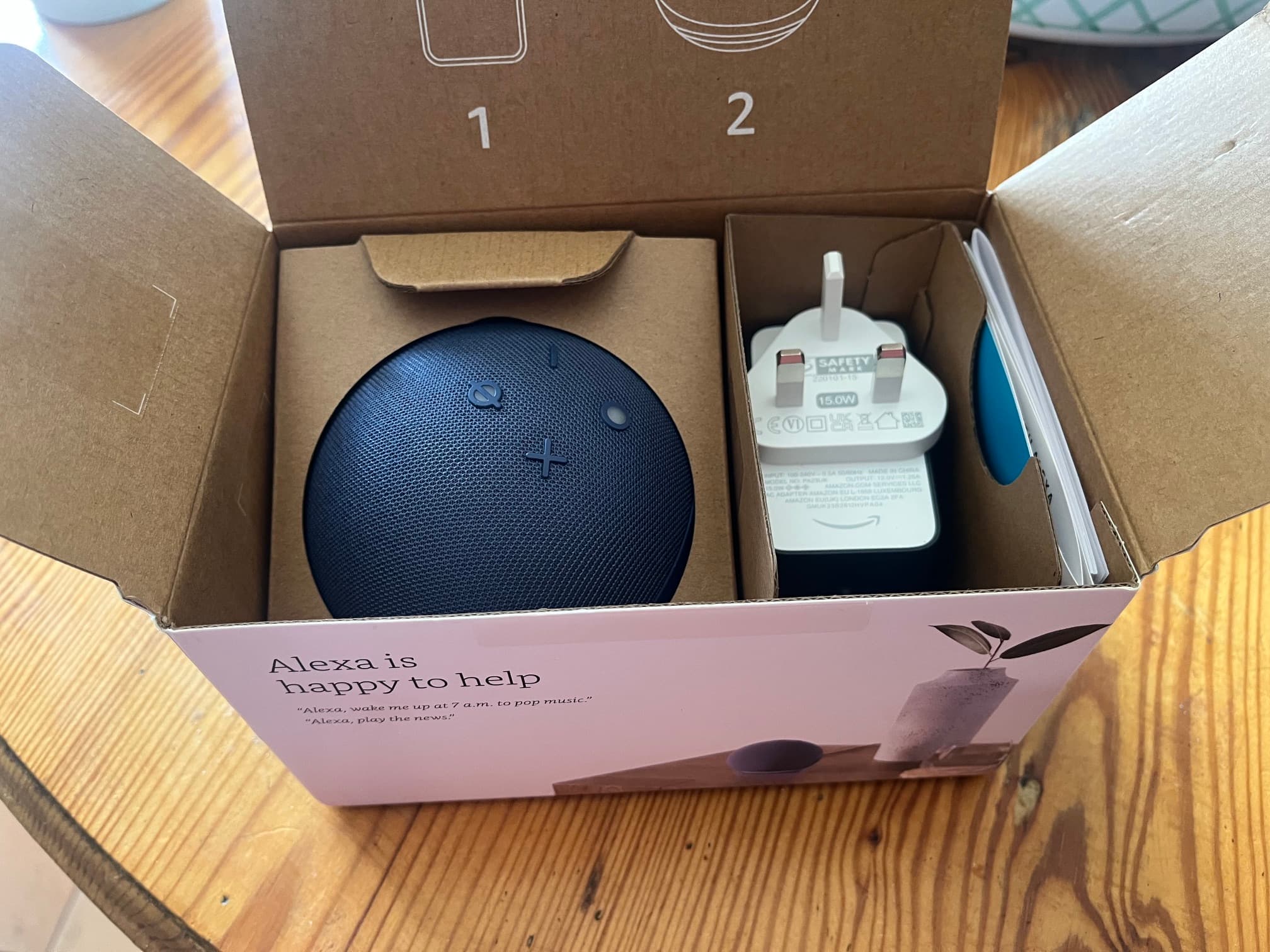 An image of the Echo Dot in its packaging after arriving in the post.